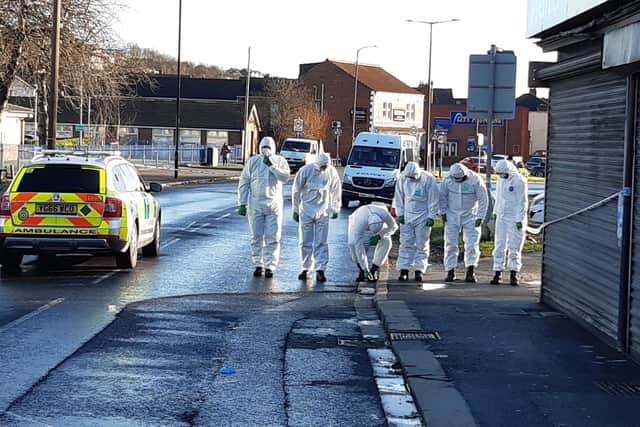 Police at the scene of the alleged murder on Wath Road Mexborough today. The alleged shooting  happened on January 11