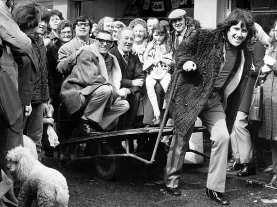 Duggie Brown pictured promoting The Comedians at Doncaster market