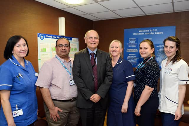 Sewa Singh (third left), Medical Director at Doncaster and Bassetlaw Teaching Hospitals, pictured with l-r Sister Jayne Webb, Aniket Pradhan, Consultant Vascular Surgery, Sister Julia Perry, Beth Wardle, Foundation Doctor and Katy Wilson, Physiotherapist.
