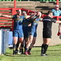 Liam Johnson celebrates his try in the dying moments of the game level the scores. Picture: Howard Roe/AHPIX.com