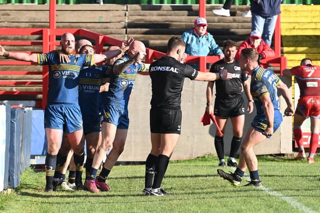 Liam Johnson celebrates his try in the dying moments of the game level the scores. Picture: Howard Roe/AHPIX.com