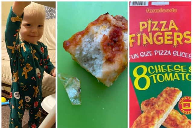 14-month old Xavier choked in plastic in pizza from Farmfoods.