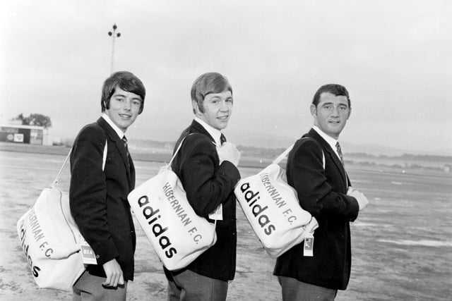 Peter Marinello, John Blackley, and Billy SImpson at Turnhouse Airport before flying to Yugoslavia in 1968 for the Inter-Cities Fairs Cup first-round tie against Olimpija Ljubljana