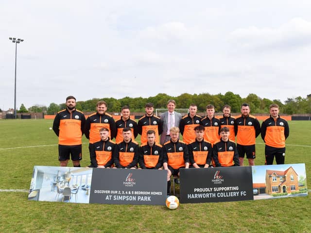 AH 049– Harron Homes Sales Manager Paul Walters (Centre) with Harworth Colliery FC’s U21s Reserve Team