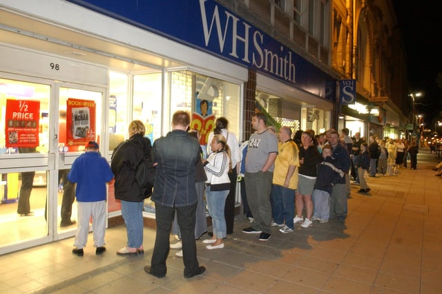 The queues outside WH Smith where Harry Potter fans were waiting at midnight to buy a copy of the latest book.
