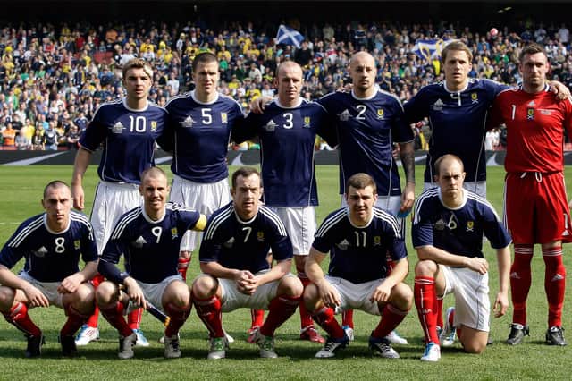 Four players in this 2011 Scotland team line-up featured for Hibs during their career - Scott Brown, Kenny Miller, Steven Whittaker, and Gary Caldwell