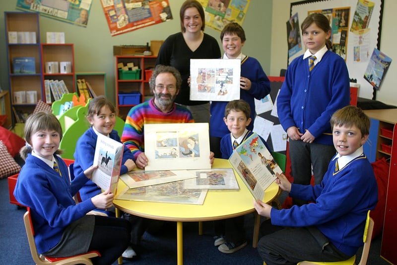 Author Bob Wilson joins yr 4 and 5 pupils to open the school's new library