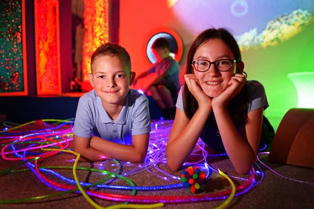 Leo Flanagan, nine and Lily-Mai Butler, ten, pictured in the Academy's new Sensory Room. Picture: NDFP-20-07-21-Sensory 3-NMSY