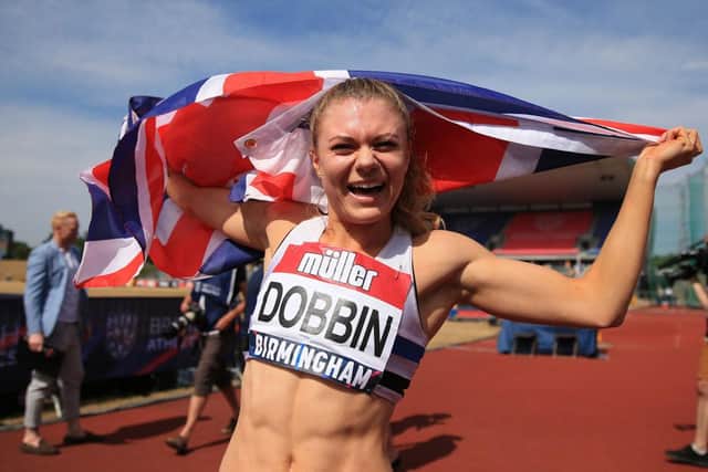 Beth Dobbin celebrates winning the women's 200m final at the 2018 British Athletics Championships. Photo by Marc Atkins/Getty Images