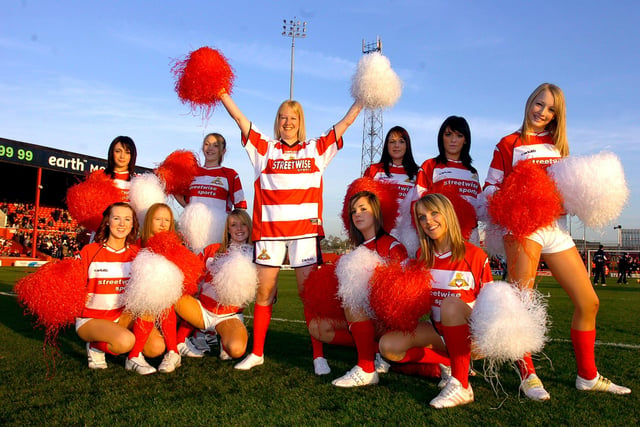 Jackie Hall (centre) joined the Vikettes, the Doncaster Rovers cheerleaders at belle Vue  in 2005 to raise money for Children In Need.