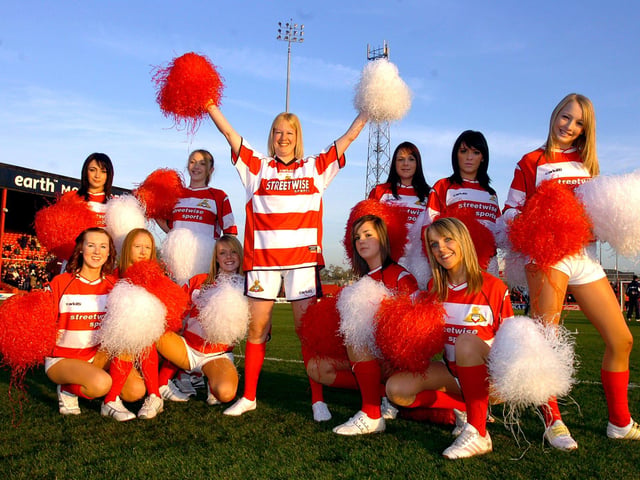 Jackie Hall (centre) joined the Vikettes, the Doncaster Rovers cheerleaders at belle Vue  in 2005 to raise money for Children In Need.