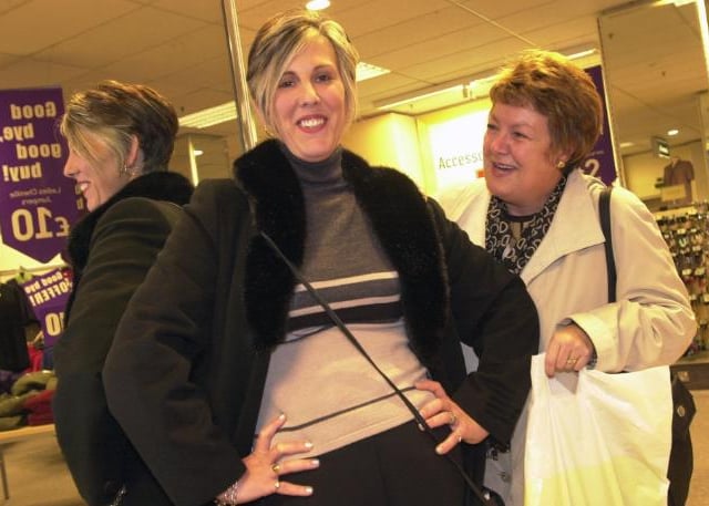 Kay Shaw models an outfit in the shop C and A. Taken October 2000.