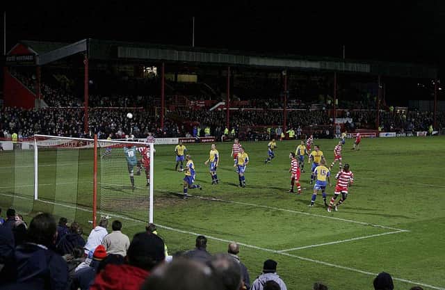 Doncaster Rovers and Mansfield Town lock horns in the FA Cup at Belle Vue in 2006. Photo by Gary Prior/Getty Images