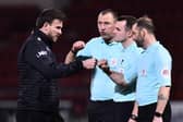 Andy Butler speaks to the officials after the defeat to Crewe. Photo: Nathan Stirk/Getty Images