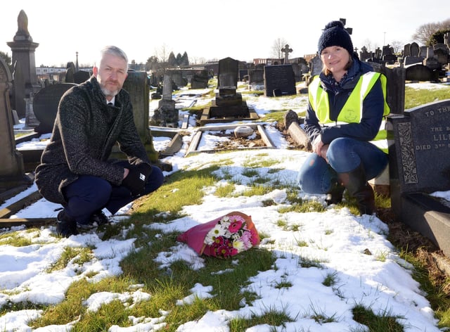 Matthew Delaney, Great Grandson of Joe and Helen Slade, of FOHPC, by the unmarked grave of Joe Duddington. Picture: NDFP-09-02-21-Duddington 3-NMSY