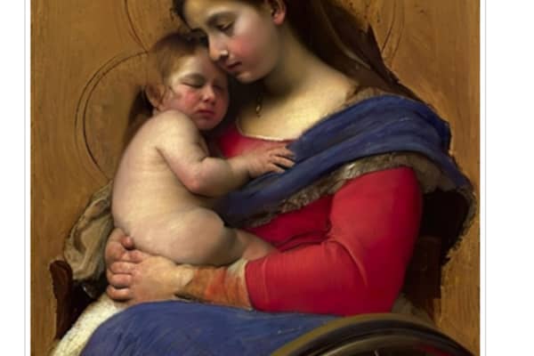 Marc Bratcher's artworks challenge perceptions of religious paintings and show the Virgin Mary in a wheelchair.