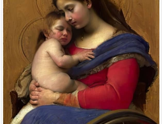 Marc Bratcher's artworks challenge perceptions of religious paintings and show the Virgin Mary in a wheelchair.