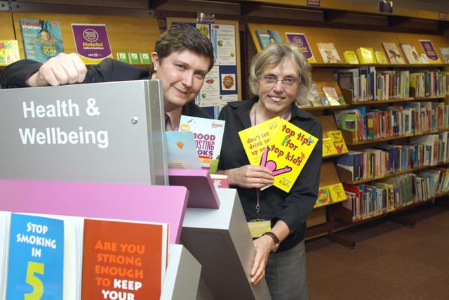 Chesterfield Library held a wellbeing day in 2012 to launch their new Health Zone. Councillor Andrew Lewer is pictured with Senior Library manager Angela Madin.