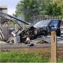 The wreckage of the Range Rover that smashed into a train in Doncaster.