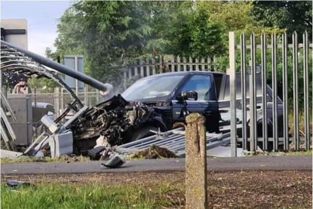 The wreckage of the Range Rover that smashed into a train in Doncaster.