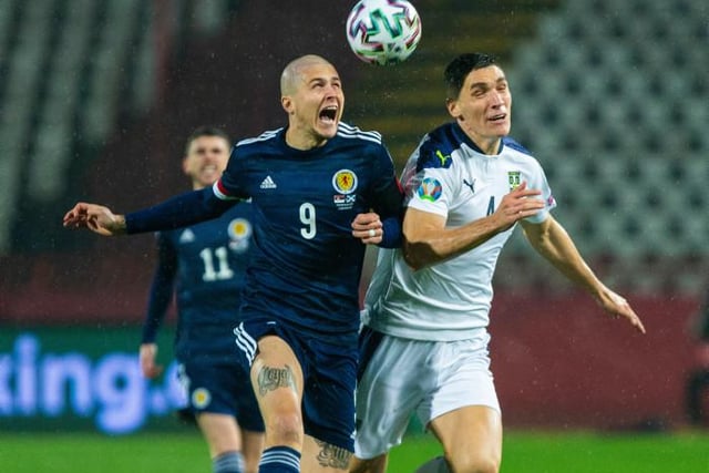 Pity poor Nikola Milenković - he was ragdolled by the striker throughout the first half and combative play and fearless leaps were key for Scotland's early gameplan. Was missed when he went off for extra-time (Photo by Nikola Krstic / SNS Group)