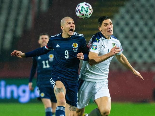 Pity poor Nikola Milenković - he was ragdolled by the striker throughout the first half and combative play and fearless leaps were key for Scotland's early gameplan. Was missed when he went off for extra-time (Photo by Nikola Krstic / SNS Group)