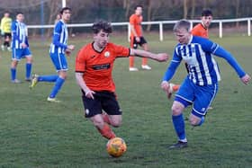 Callum Brooks on the ball for Harworth Colliery against Club Thorne Colliery. Photo: John Mushet
