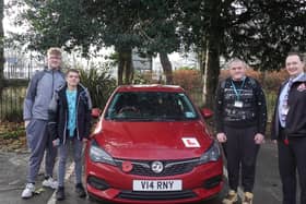 Students Alfie Davies, Andrii Chyzh and Jack Grice with driving instructor, James Varney.