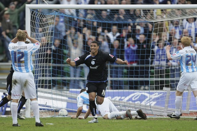Leon Best celebrates after Brighton score an own goal at the Withdean Stadium in April 2006.