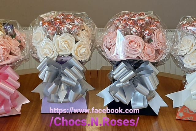 Chocs 'n' Roses, found on Facebook at @chocs.n.roses, are selling floral and sweet bouquets filled with pre-wrapped chocolates.
