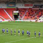 Spectators enter the Keepmoat Stadium for the first time in 14 months for the match between Doncaster RLFC and West Wales Raiders