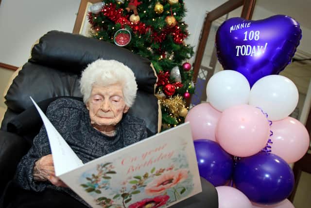 Minnie Liddle, pictured celebrating her 108th birthday at Oldfield House Care Home in Stainforth.