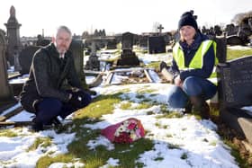 Matthew Delaney, Great Grandson of Joe and Helen Slade, of FOHPC, by the unmarked grave of Joe Duddington. Picture: NDFP-09-02-21-Duddington 3-NMSY