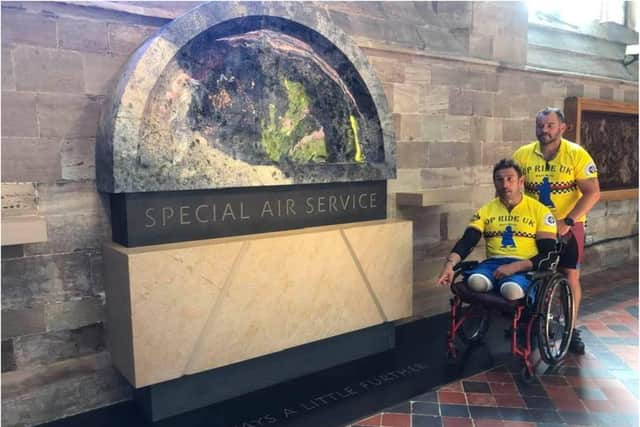 Ben Parkinson is en route to Land's End on a 1,000 mile charity cycle ride and stopped off in Hereford to pay tribute to fellow veterans. (Photo: Matt Hellyer).