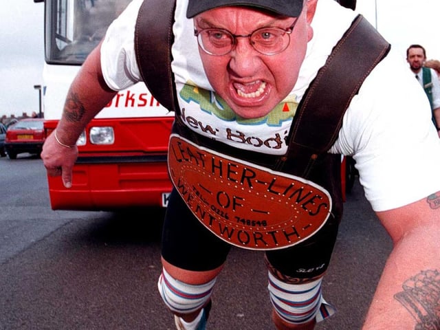 Tony Simpson Warehouse Manager at ASDA,Bawtry Rd,Doncaster with his sponsored pull of a 9.5 tonne bys to raise funds for Children in Need back in 1997