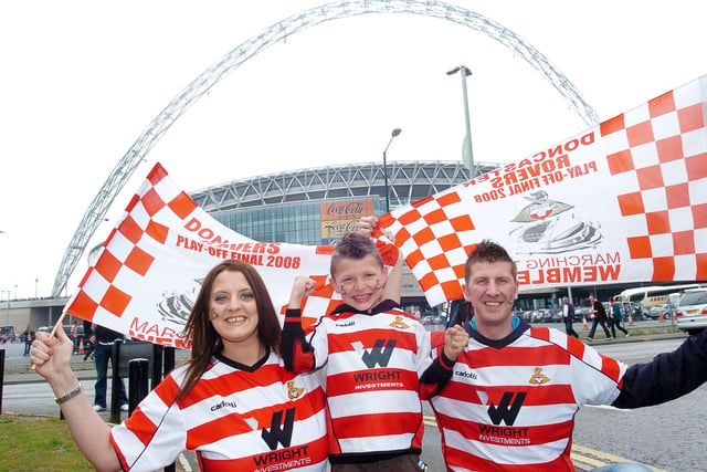 Rovers fans at Wembley. (l-r) Nicky Foweather, Lewis Grice, four and his dad Karl Grice, all of Edlington