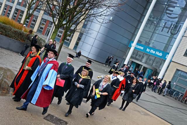 A graduation procession, leaves the Hub at Doncaster College, making its way towards the Minster.  Picture: Marie Caley NDFP Graduation MC 9