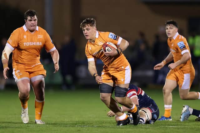 Fighting back: Morgan Strong of Doncaster Knights, on the ground, tackles Seb Kelly of Sale Sharks in the Premiership Cup (Picture: Jan Kruger/Getty Images for Sale Sharks)