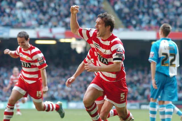 Graeme Lee celebrates scoring Doncaster Rovers' late winner during the Johnstone's Paint Trophy final against Bristol Rovers