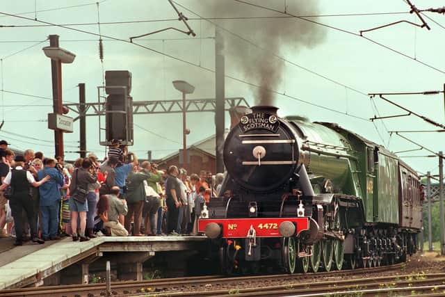 The Flying Scotsman locomotive steaming out of Doncaster where it was built in 1923.