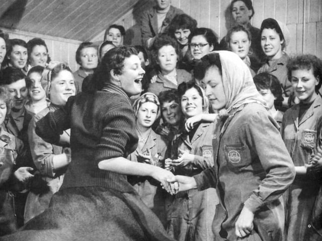 Sandra Lindsey and June Norman take a break from manufacturing mining detonators at the ICI plant in Denaby