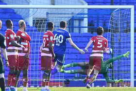 Ellery Balcombe cannot reach Alan Judge's free kick which gave Ipswich the lead against Rovers. Picture: Howard Roe/AHPIX