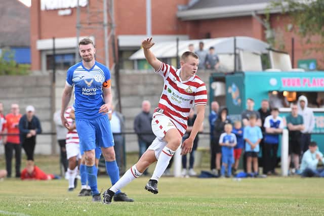 Jack Goodman celebrates his goal against Armthorpe Welfare. Photo: Howard Roe/AHPIX LTD.