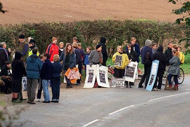 Animal rights protesters on Cadeby Road, Sprotbrough, protesting at the lane entrance to Scaba Wood Mink Farm, October 17, 1999