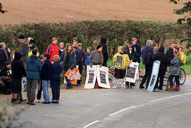 Animal rights protesters on Cadeby Road, Sprotbrough, protesting at the lane entrance to Scaba Wood Mink Farm, October 17, 1999