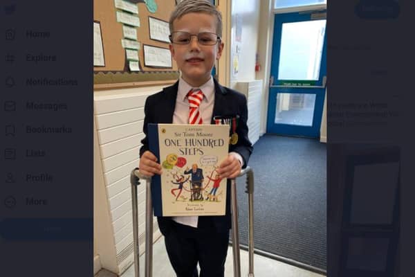 Freddie Stone dressed as Capt Sir Tom Moore for Bessacarr Primary School's World Book Day event
