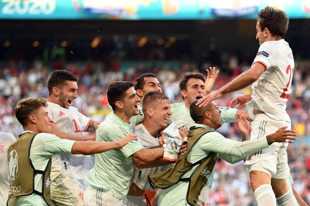 Spain's Mikel Oiarzabal (R) celebrates with teammates after scoring their fifth goal against Croatia. Photo by STUART FRANKLIN/POOL/AFP via Getty Images
