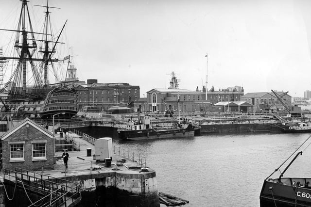 Portsmouth Basin No.1 with Nelson's Flagship HMS Victory now preserved in dry dock, 1987. The News PP5645