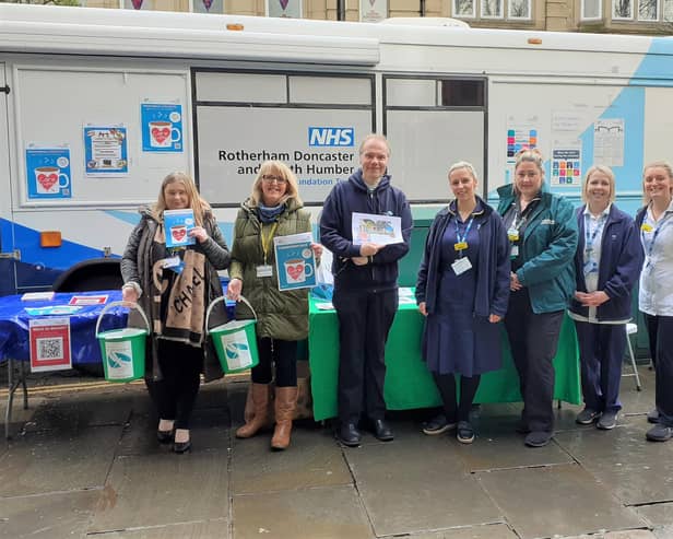 Staff from St John’s Hospice are pictured with the Health Bus.