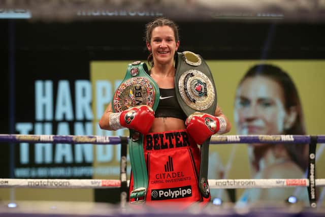 Terri Harper celebrates after beating Katharina Thanderz in her last fight